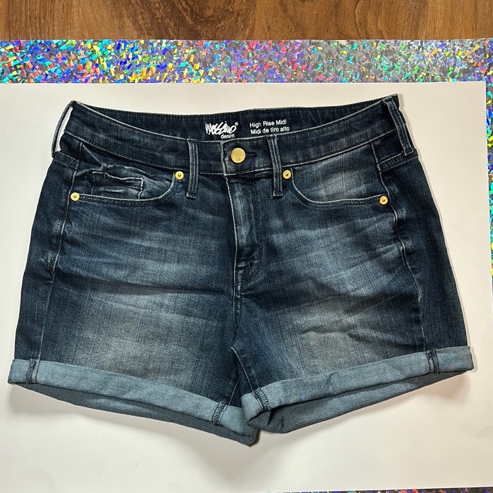 Blue Jean Shorts with Cuffed Hem and Distressed Look